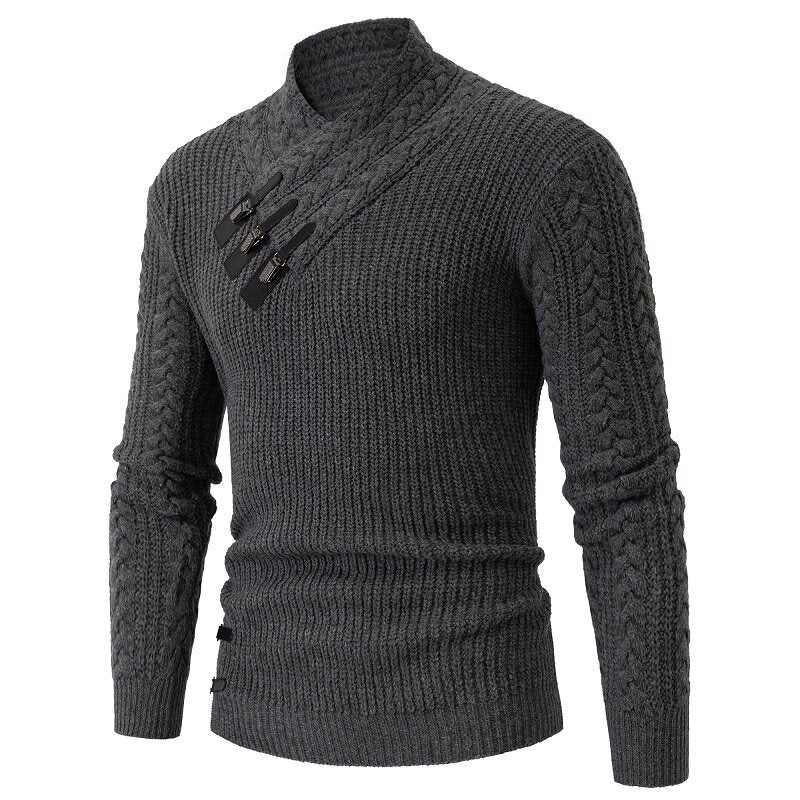 Herren nan Strickpullover mit Schalkragen, Zopfmuster und markanten Schnallenverschlüssen Drune