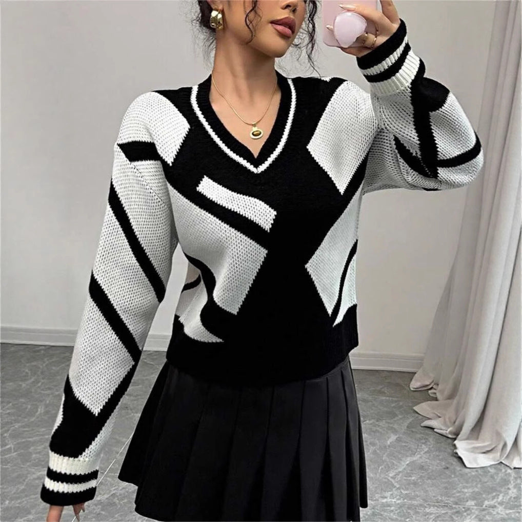 Damen moderner Strickpullover mit V-Ausschnitt und grafischem Muster Drune