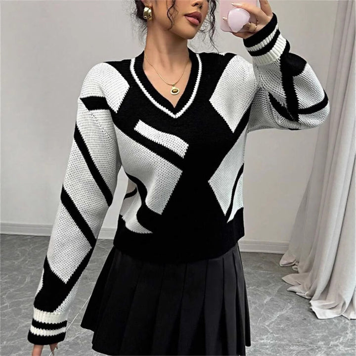 Damen moderner Strickpullover mit V-Ausschnitt und grafischem Muster Drune