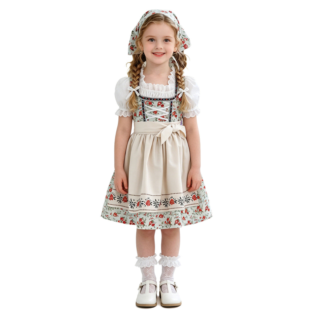 Damen nan Kinderdirndl Trachtenkleid mit Spitzenbluse Schürze und Kopftuch Drune