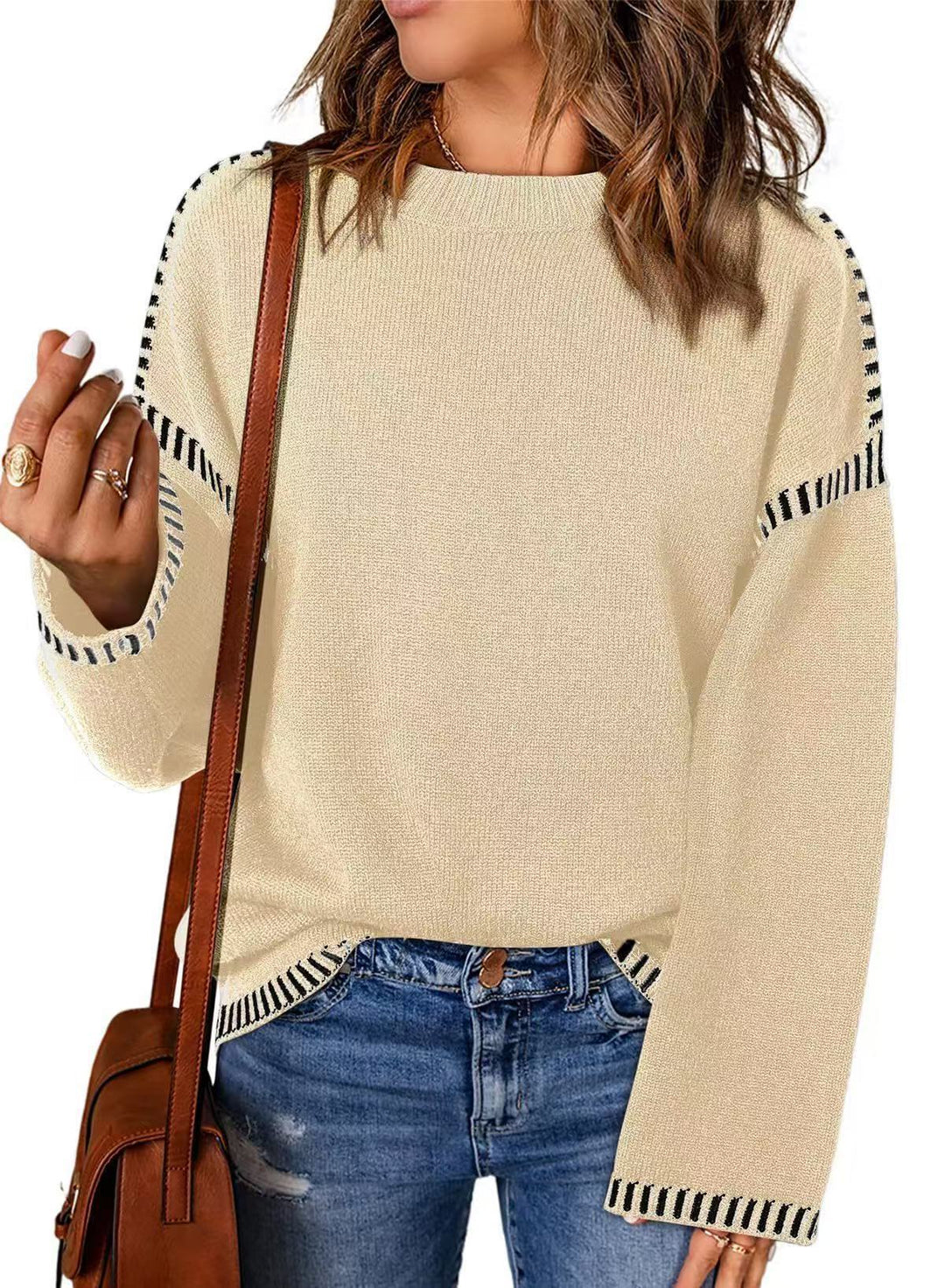 Damen lässiger Strickpullover mit kontrastierenden Bündchen und lässigem Schnitt Drune