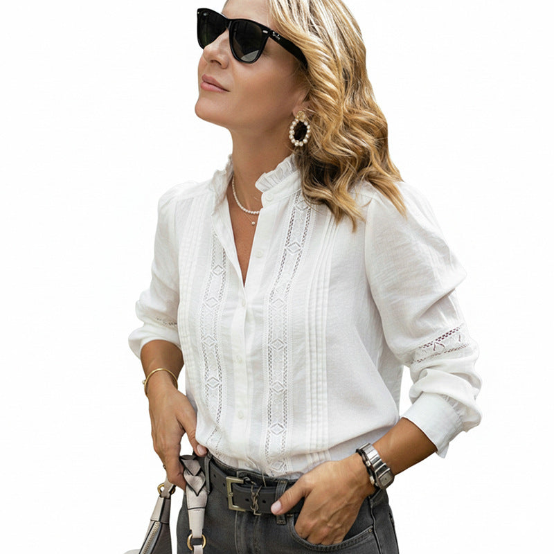 Damen elegante Bluse mit floralen Spitzenakzenten und raffinierter Knopfleiste Drune