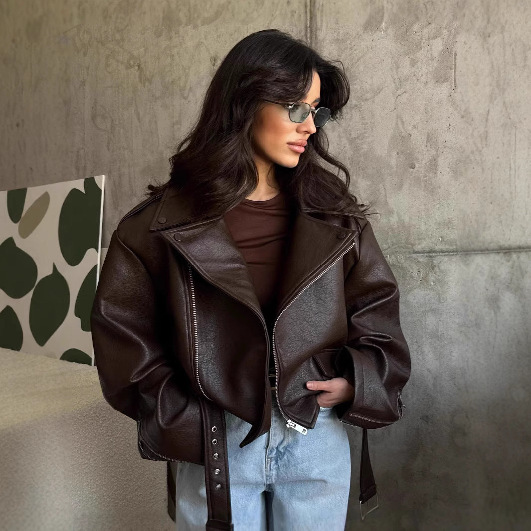 Damen Oversize Lederjacke mit Taillengürtel Drune