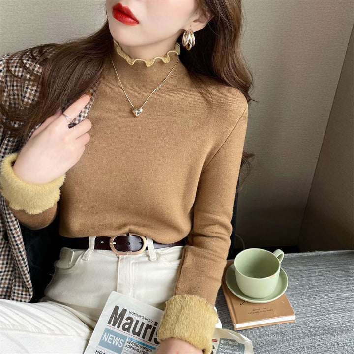 Damen cropped Pullover mit hohem Kragen und Rüschendetails Drune