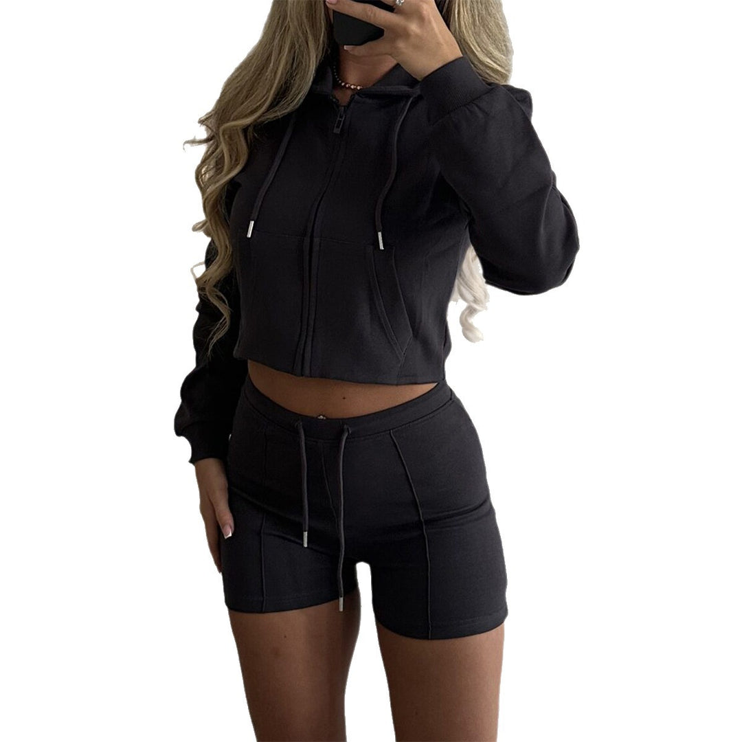 Damen nan lässiges Sweatshirt- und Short-Set mit dekorativen Schleifen-Applikationen, hohem Rundhalsausschnitt und Tunnelzugbund Drune