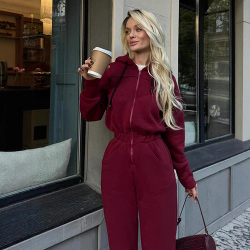 Damen Fleece-Jumpsuit mit Kapuze und praktischen Taschen Drune