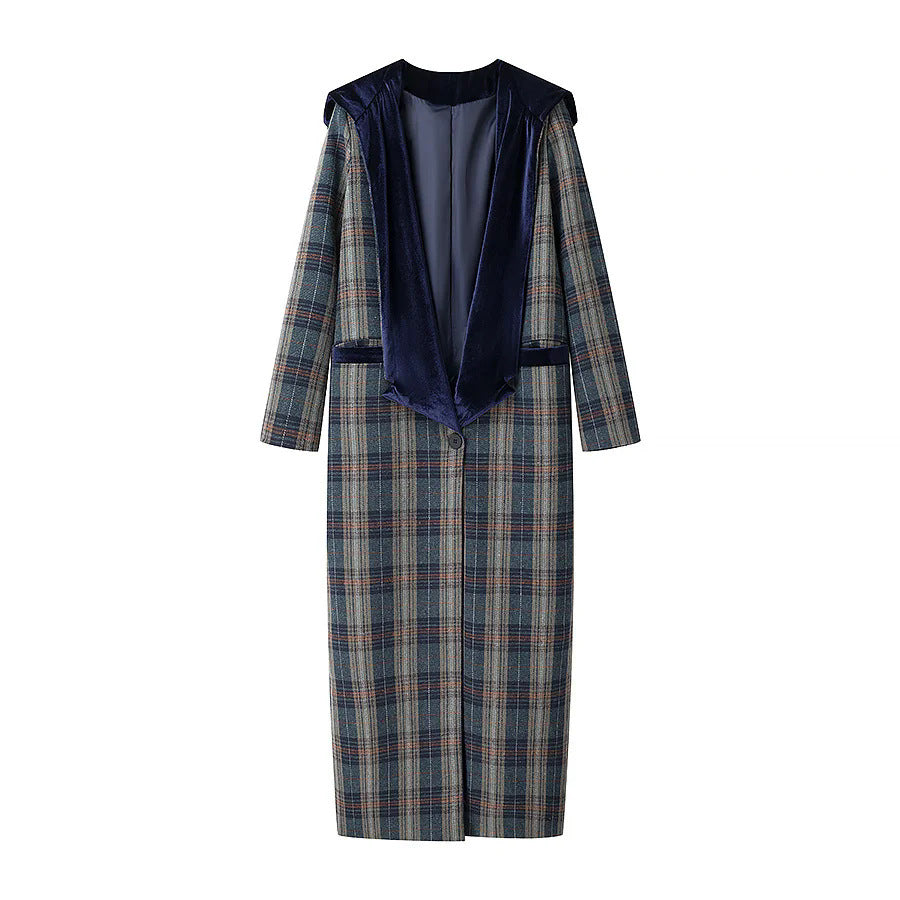 Damen Langblazer mit elegantem Karomuster und Samtkragen Drune