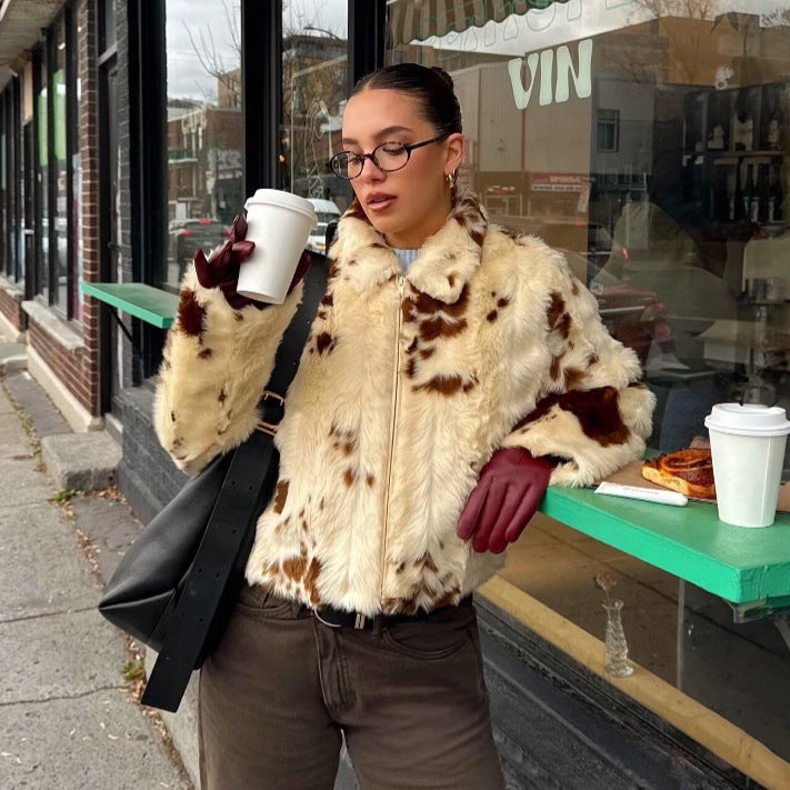 Damen kuschelige Kunstpelzjacke mit modischem Tierdruck Drune