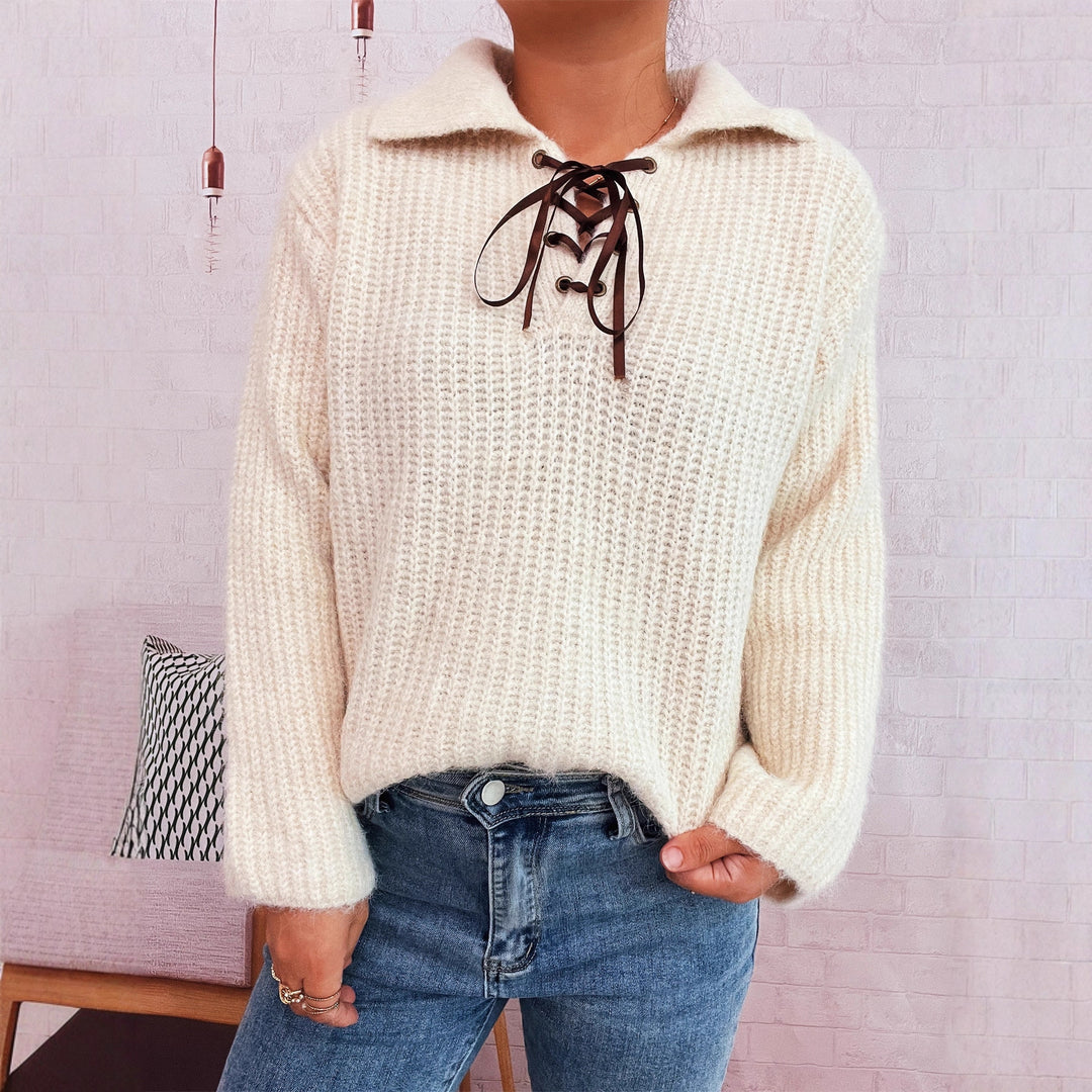 Damen lässiger Pullover mit femininer Schnürung und weichem Strick Drune