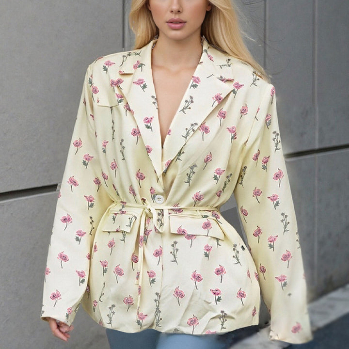 Damen nan taillierter Blumenblazer mit Bindegürtel und Reverskragen Drune