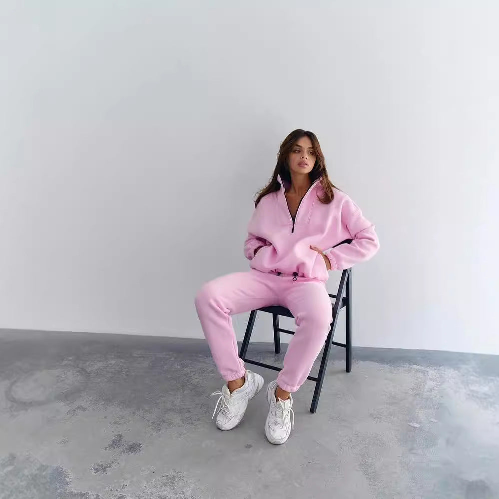 Damen Sportlicher Fleece-Traininganzug mit halbem Reißverschluss und elastischen Bündchen Drune