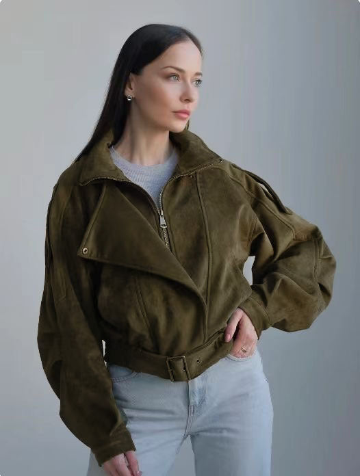 Damen Stilvolle Kurzjacke mit Gürtel und asymmetrischem Schnitt Drune