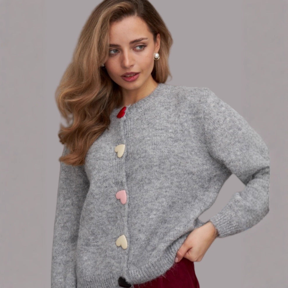 Damen lockerer Strickpullover mit herzförmigen Knöpfen und weitem Schnitt Drune