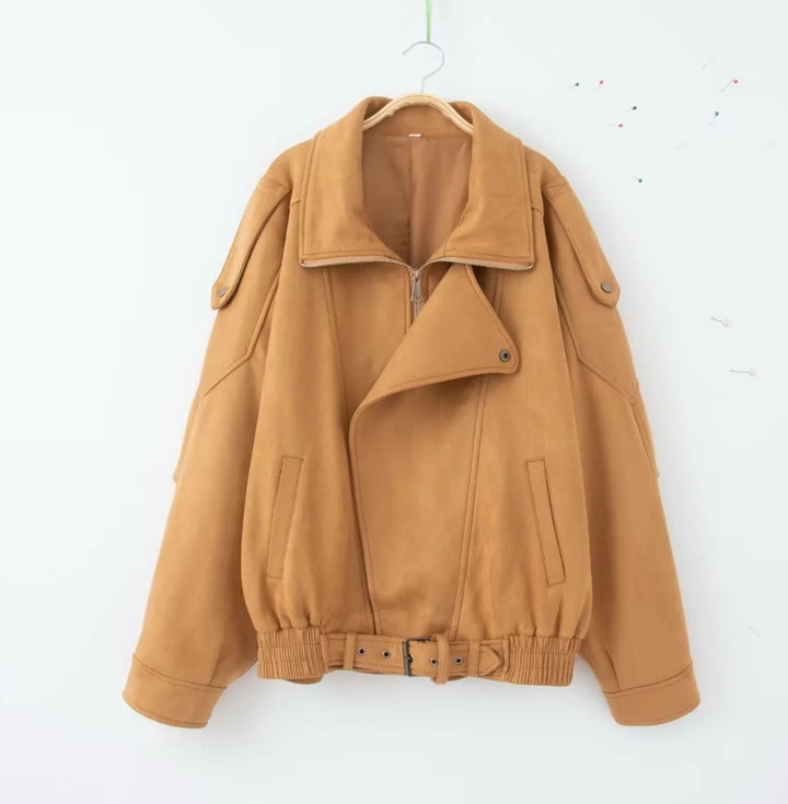Damen hochwertige Bikerjacke mit breitem Kragen und Gürtel Drune