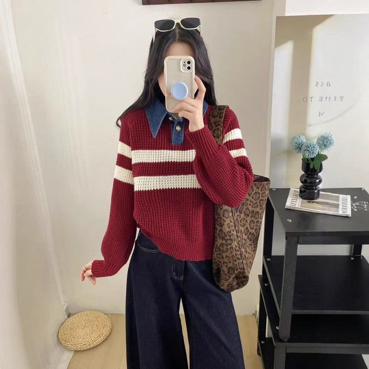 Damen lässiger Strickpullover mit Kragen und gestreiftem Design Drune