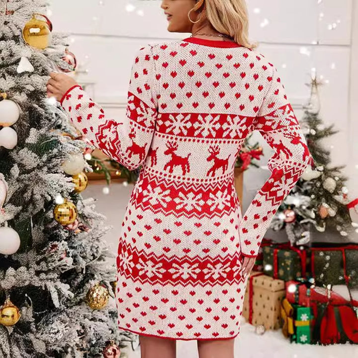 Damen Bequemes Strickkleid im skandinavischen Stil mit festlichem Rentiermotiv Drune