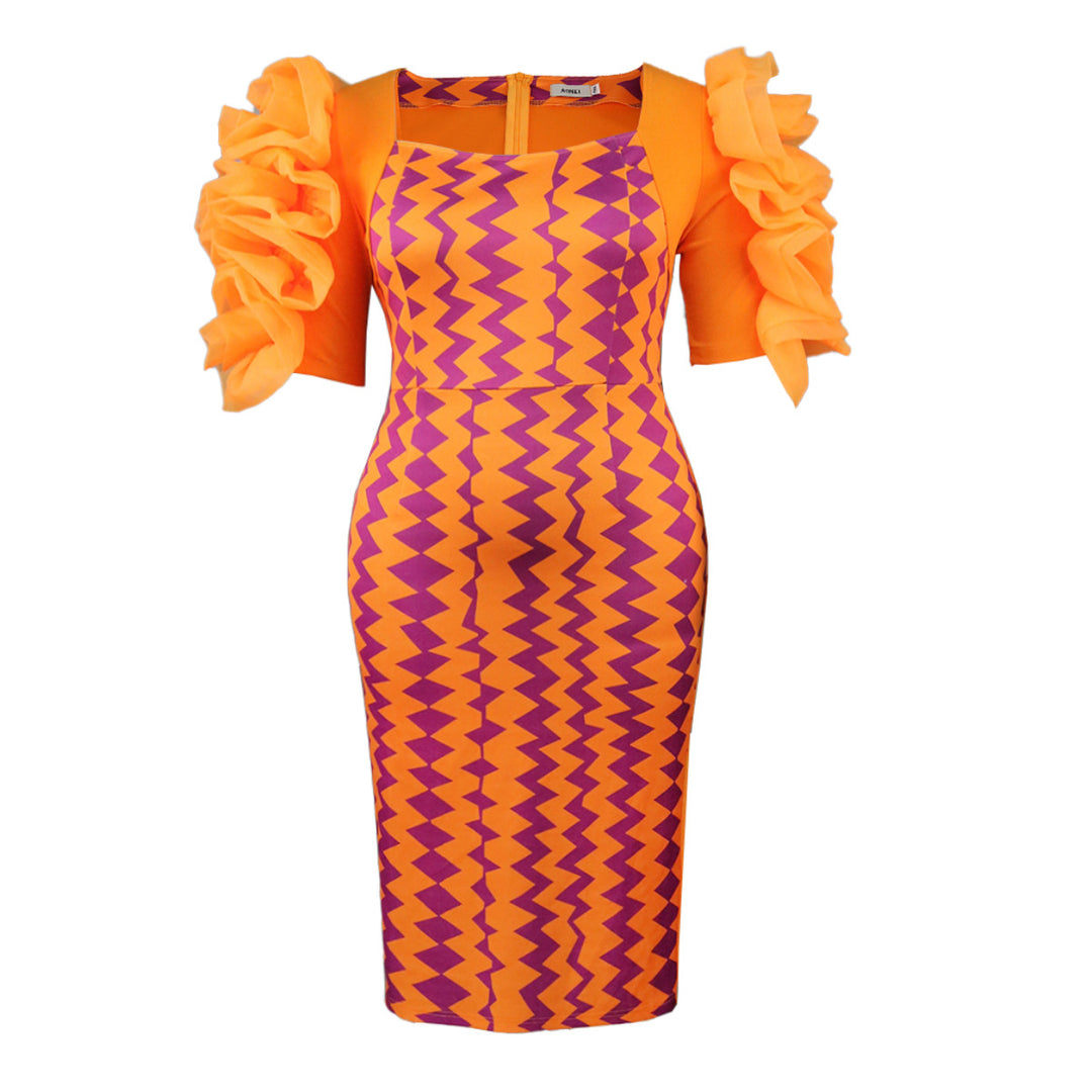 Damen figurbetontes Kleid mit auffälligen Volantärmeln und geometrischem Muster Drune