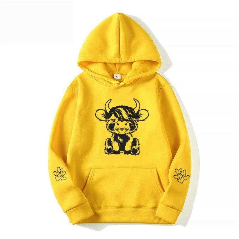 Damen Kapuzensweater mit entzückendem Kuhmotiv und praktischen Kängurutaschen Drune