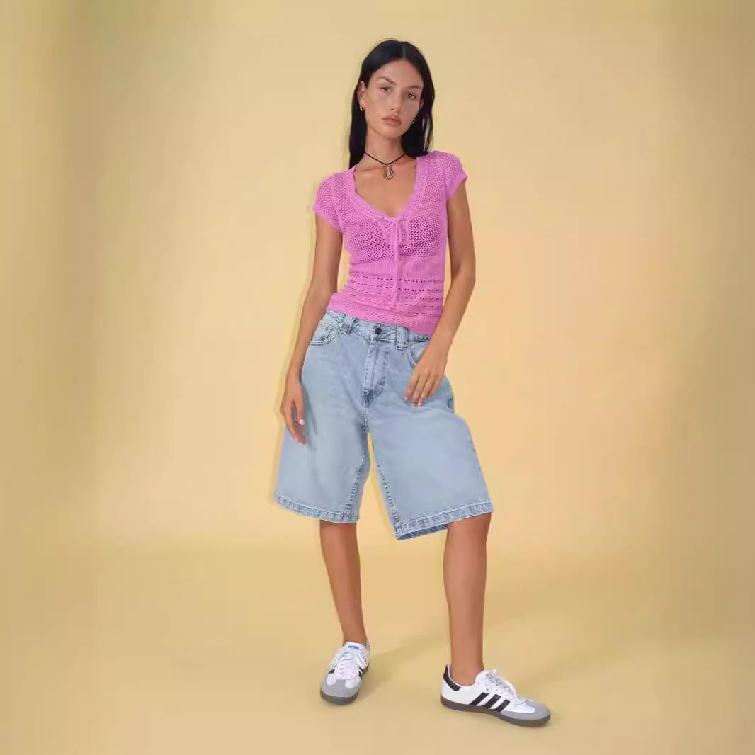 Damen lässige Denim-Shorts mit weitem Schnitt und hohen Seitentaschen Drune