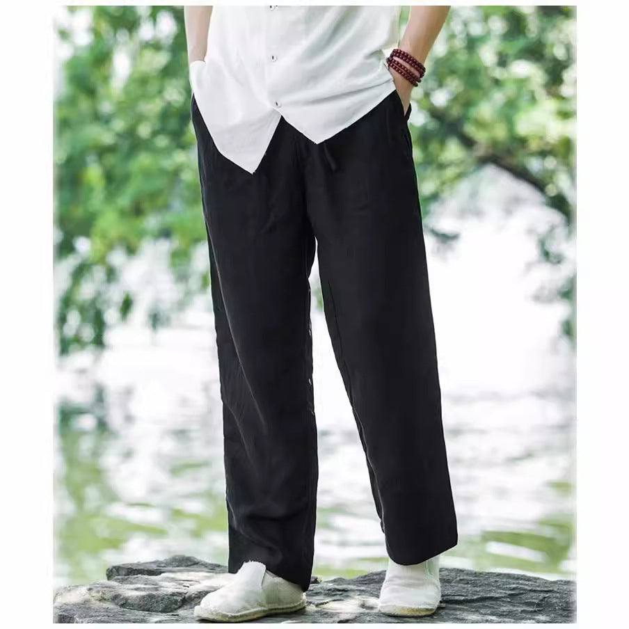 Herren nan leichte Leinenhose mit elastischem Bund weites Bein und seitlichen Eingrifftaschen Drune