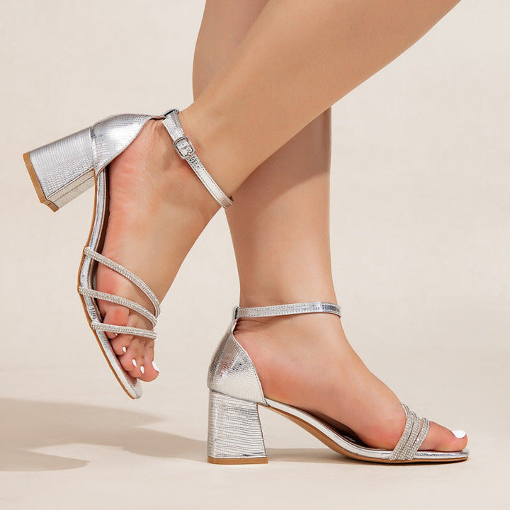 Damen elegante Riemchen-Sandalen mit glitzernden Akzenten und breitem Blockabsatz Drune