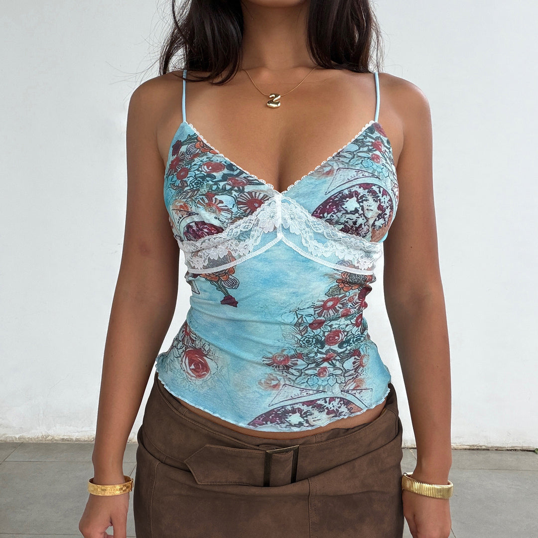 Damen Spitzen-Trägertop mit floralem Muster und zarten Rüschen Drune