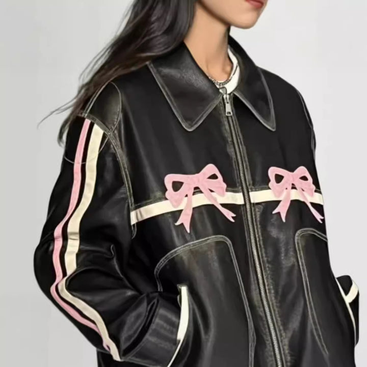 Damen lässige Kunstlederjacke mit verspielten Schleifendetails Drune