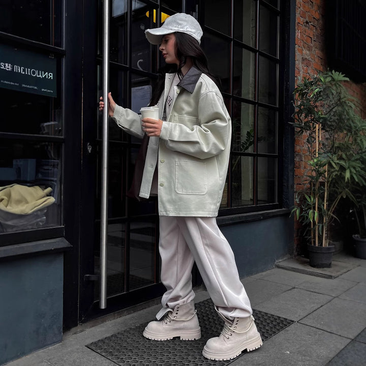 Damen lässige Oversized-Jacke mit ledernem Kragen und praktischen Taschen Drune