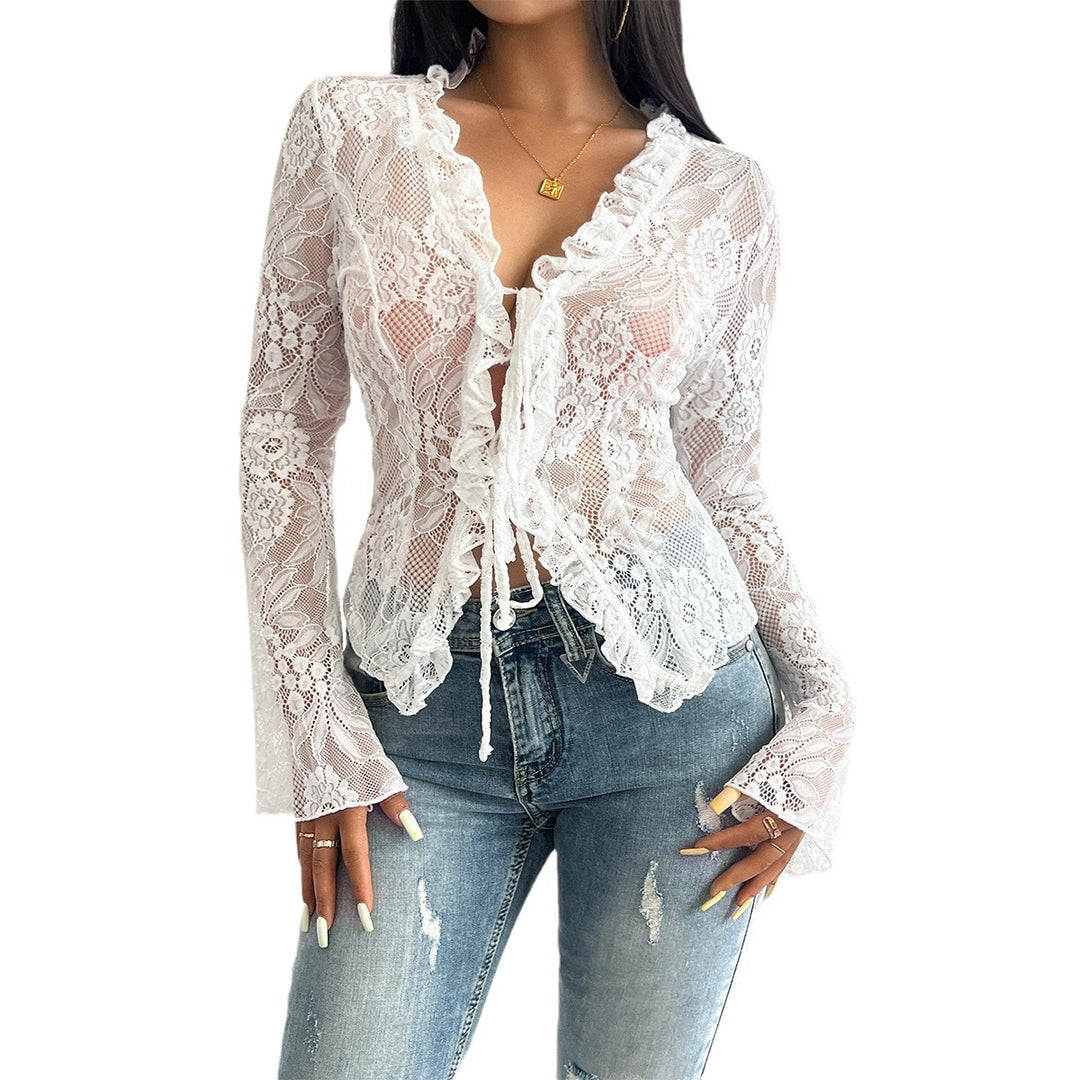 Damen Spitzenbluse mit Rüsche Drune