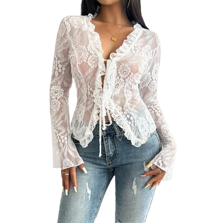 Damen Spitzenbluse mit Rüsche Drune