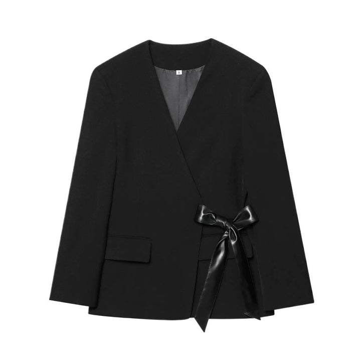 Damen elegante Wickelblazerjacke mit taillierbarem Satin-Gürtel Drune