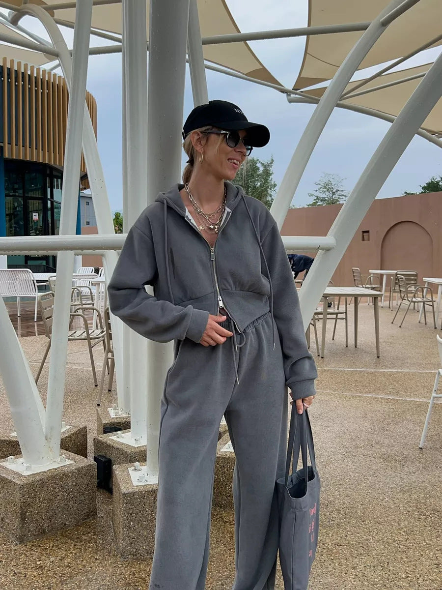 Damen Sportliches Fleece-Loungewear-Set mit Kapuze und verstellbarem Bund Drune