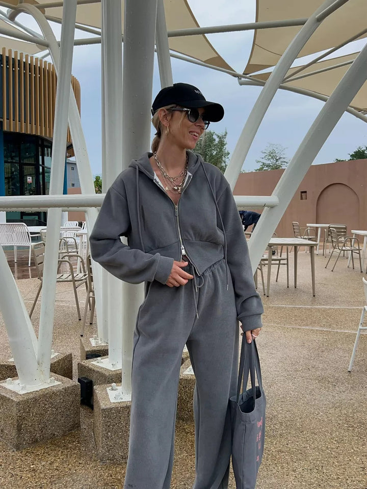 Damen Sportliches Fleece-Loungewear-Set mit Kapuze und verstellbarem Bund Drune