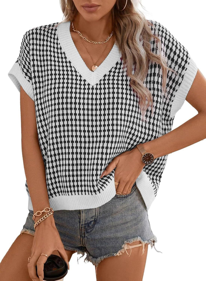 Damen Viskose Stricktop mit modernem Karomuster und V-Ausschnitt Drune