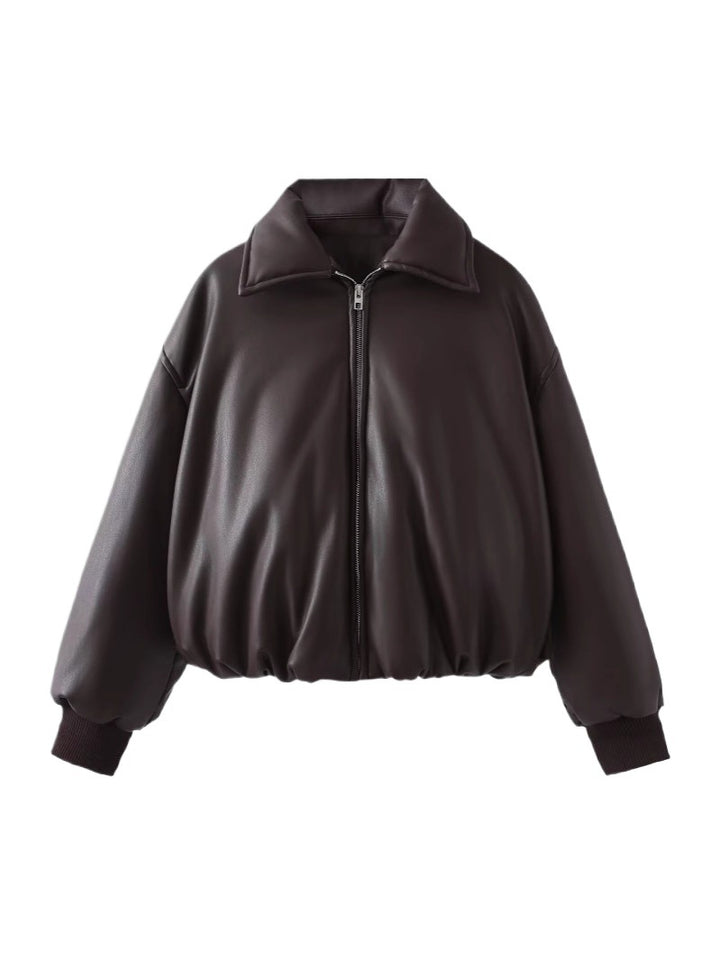 Damen Steppjacke aus Kunstleder mit hohem Kragen und elastischem Bündchen Drune