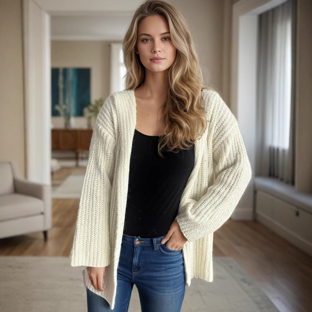 Damen lässige Strickjacke mit offenen Fronten und voluminösen Ärmeln Drune