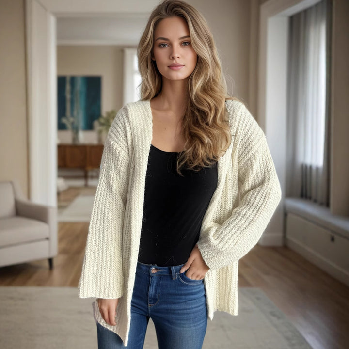 Damen lässige Strickjacke mit offenen Fronten und voluminösen Ärmeln Drune