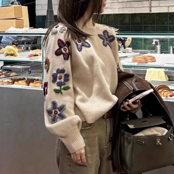 Damen modischer Pullover mit floralem Stickdesign Drune