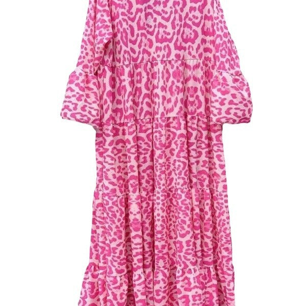 Damen Maxikleid mit tierischem Muster und voluminösen Ärmeln Drune
