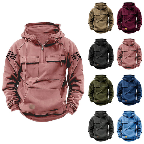 Herren nan Kapuzenpullover mit Halbzip, Cargo-Brusttaschen und Kängurutasche Drune