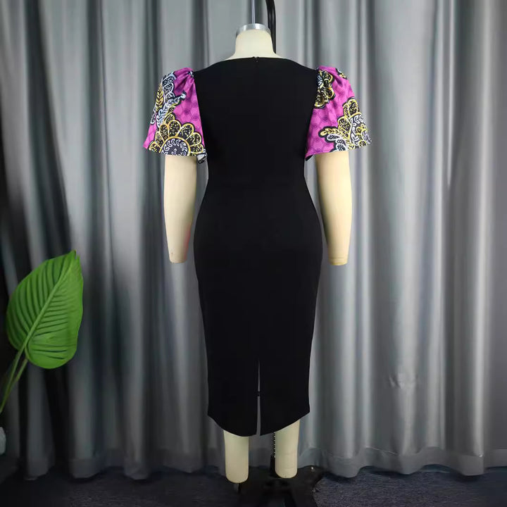 Damen Elegantes Etuikleid mit buntem Mustermix und Puffärmeln Drune