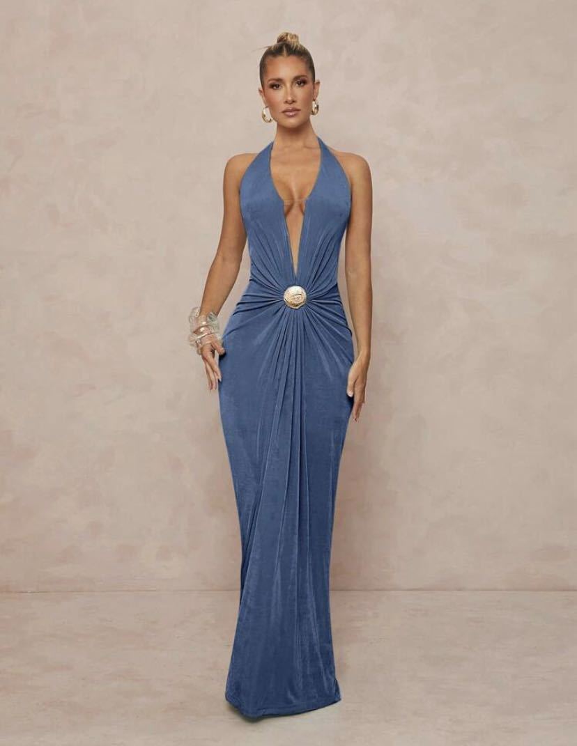 Damen Glamouröses Abendkleid mit tiefem V-Ausschnitt und eleganter Drapierung Drune