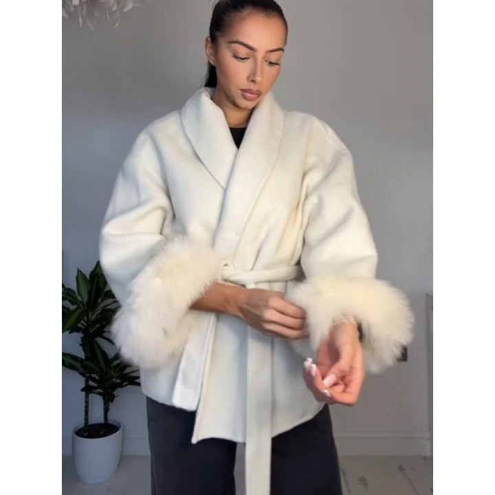 Damen elegante Kapuzenjacke mit Kunstpelzbesatz Drune