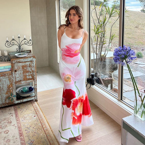 Damen Maxi Kleid mit floralem Print und spaghetti-Trägern Drune