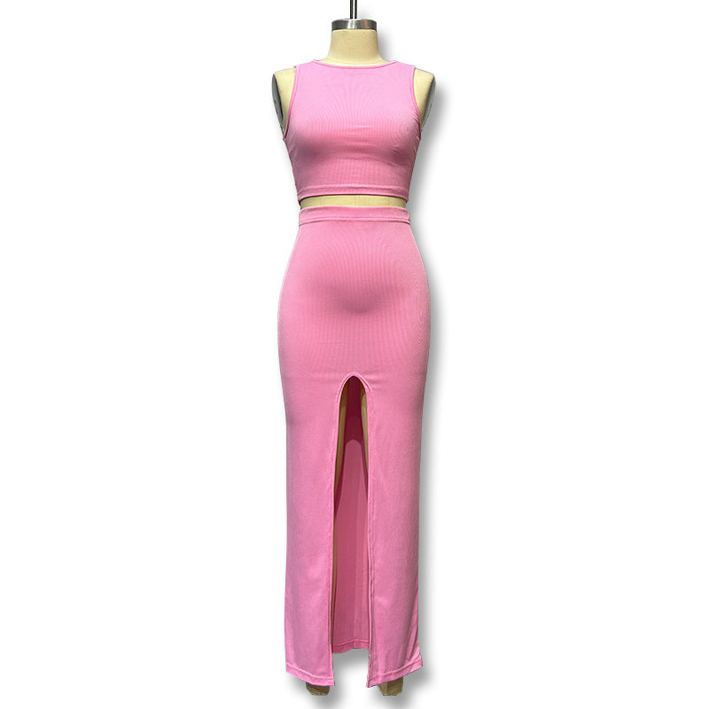 Damen Elegantes und figurbetontes Halbarm-Top mit hohem Schnitt und passendem Rock Drune