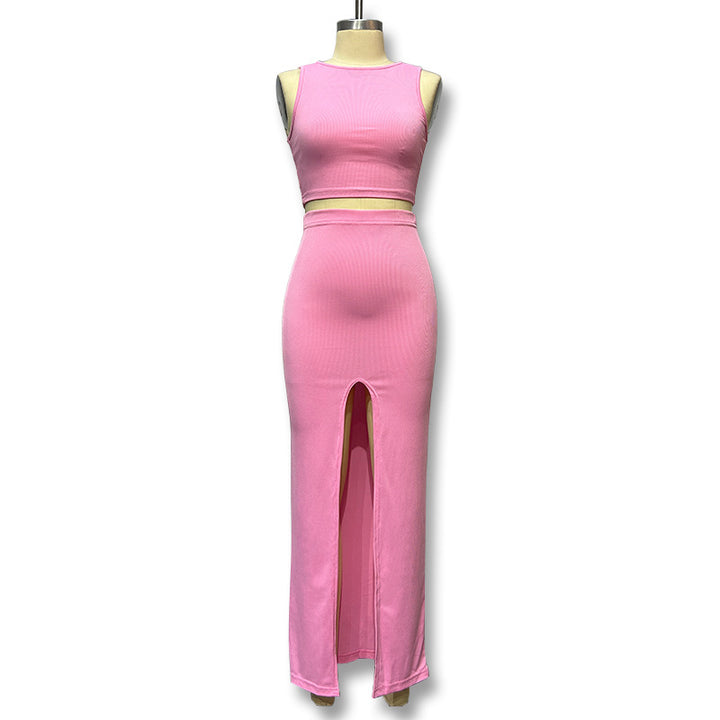 Damen Elegantes und figurbetontes Halbarm-Top mit hohem Schnitt und passendem Rock Drune