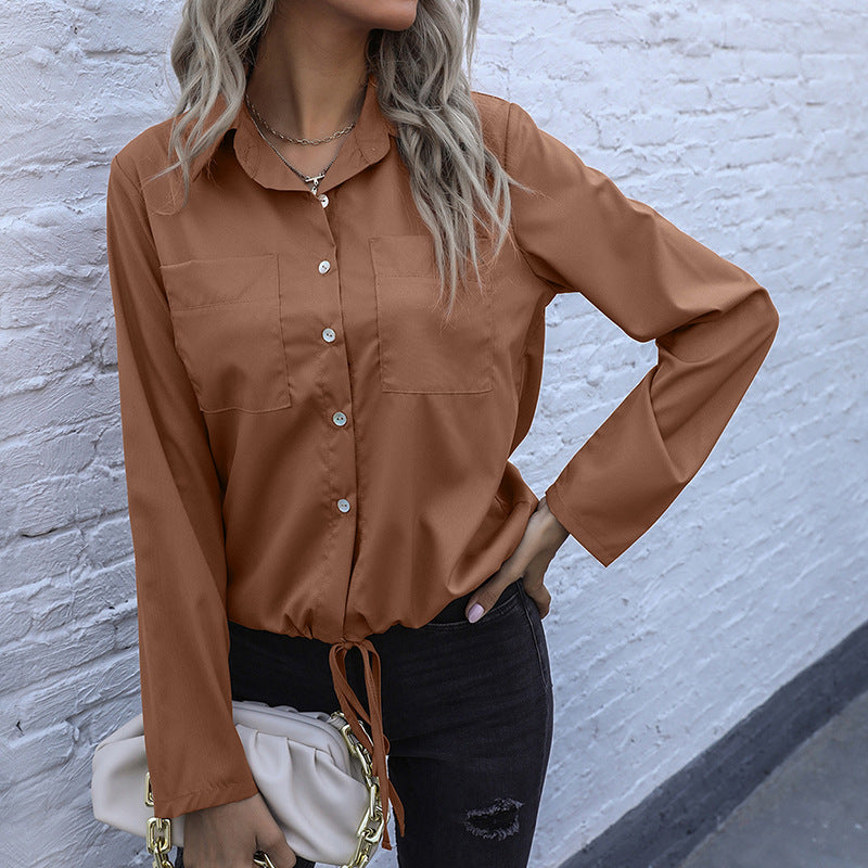Damen Bluse mit verkürzter Vorderseite und Knopfdetaillierung Drune