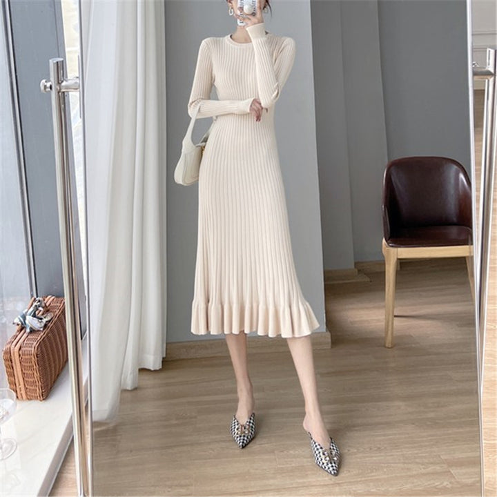 Damen Strickkleid mit eleganter Rippstruktur und fließendem Saum Drune