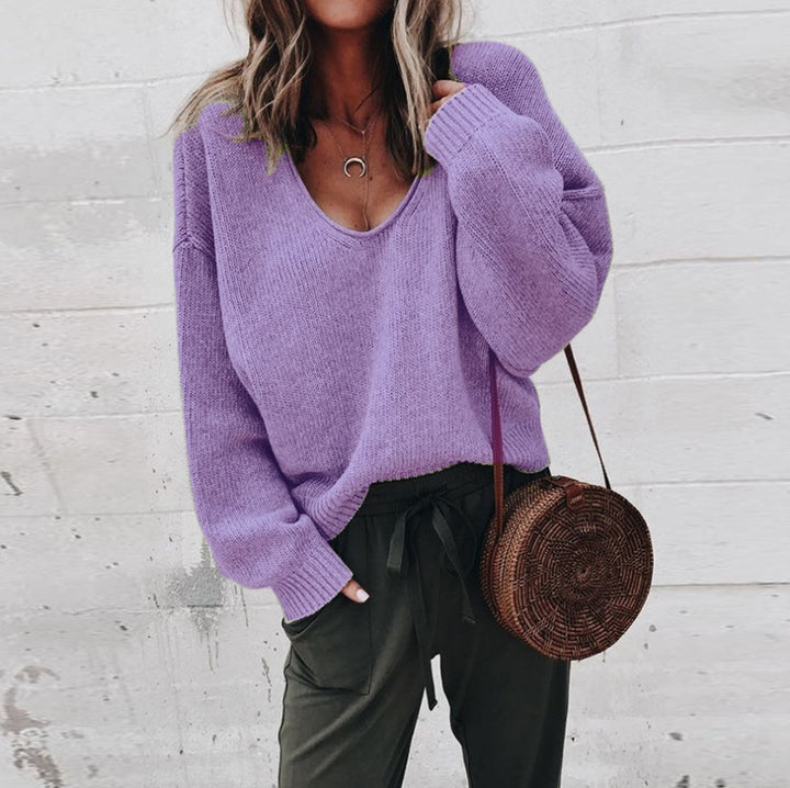 Damen lässiger V-Pullover mit weitem Schnitt und feiner Strickstruktur Drune