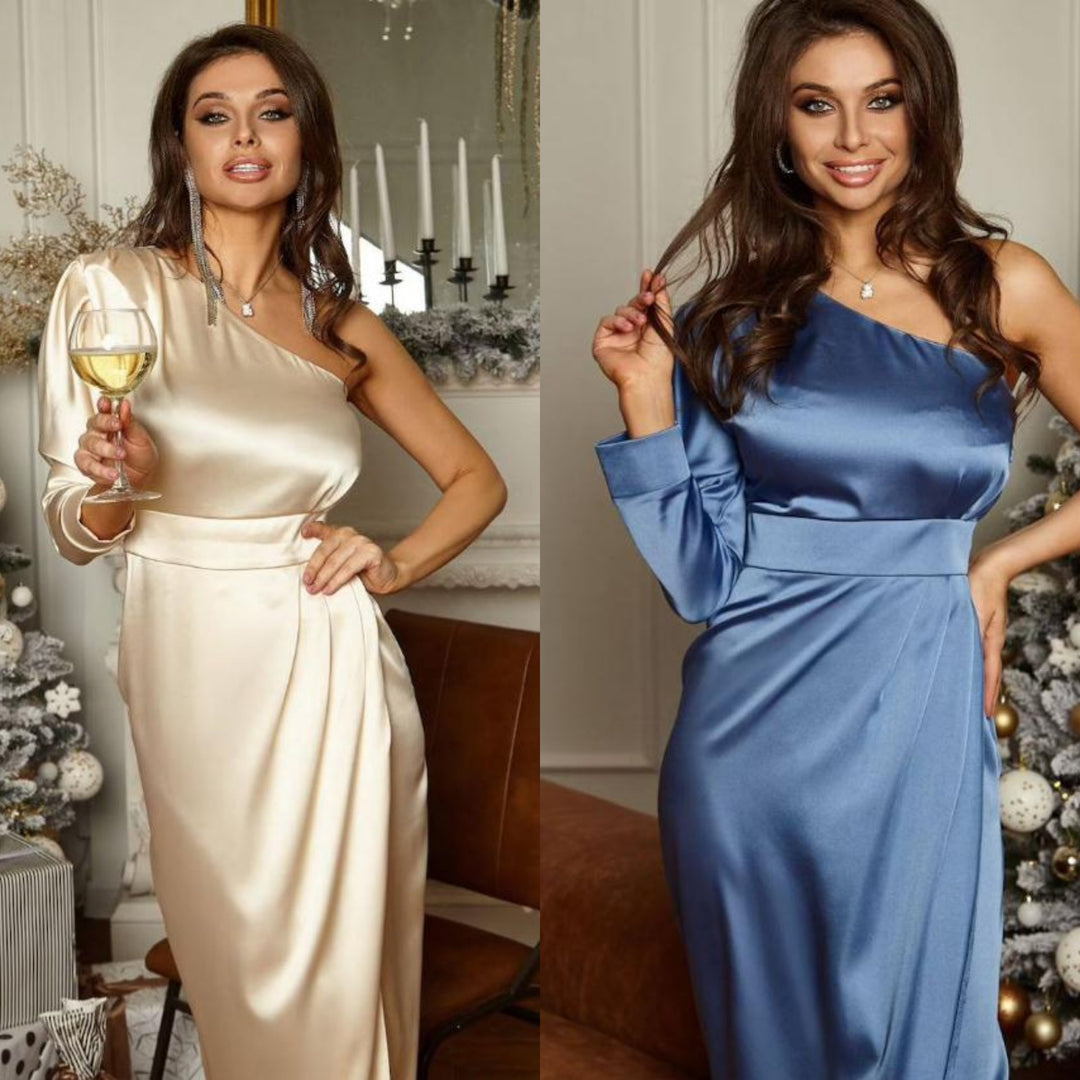 Damen Satin Abendkleid mit asymmetrischem Ausschnitt und eleganter Drapierung Drune